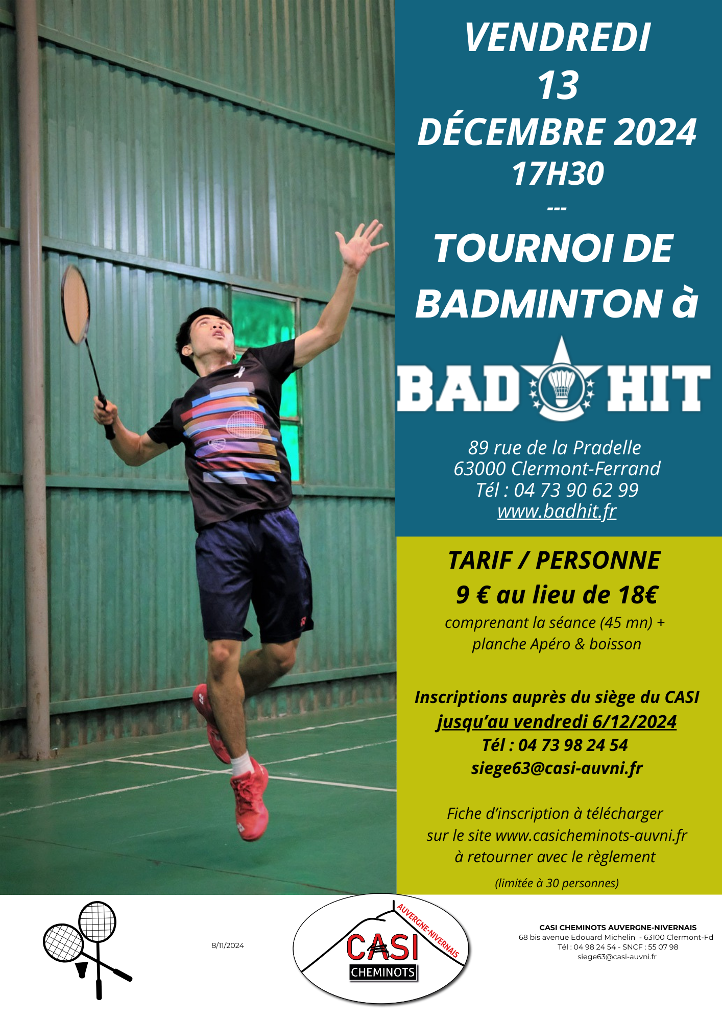 2024 Affiche tournoi badminton Clermont Fd