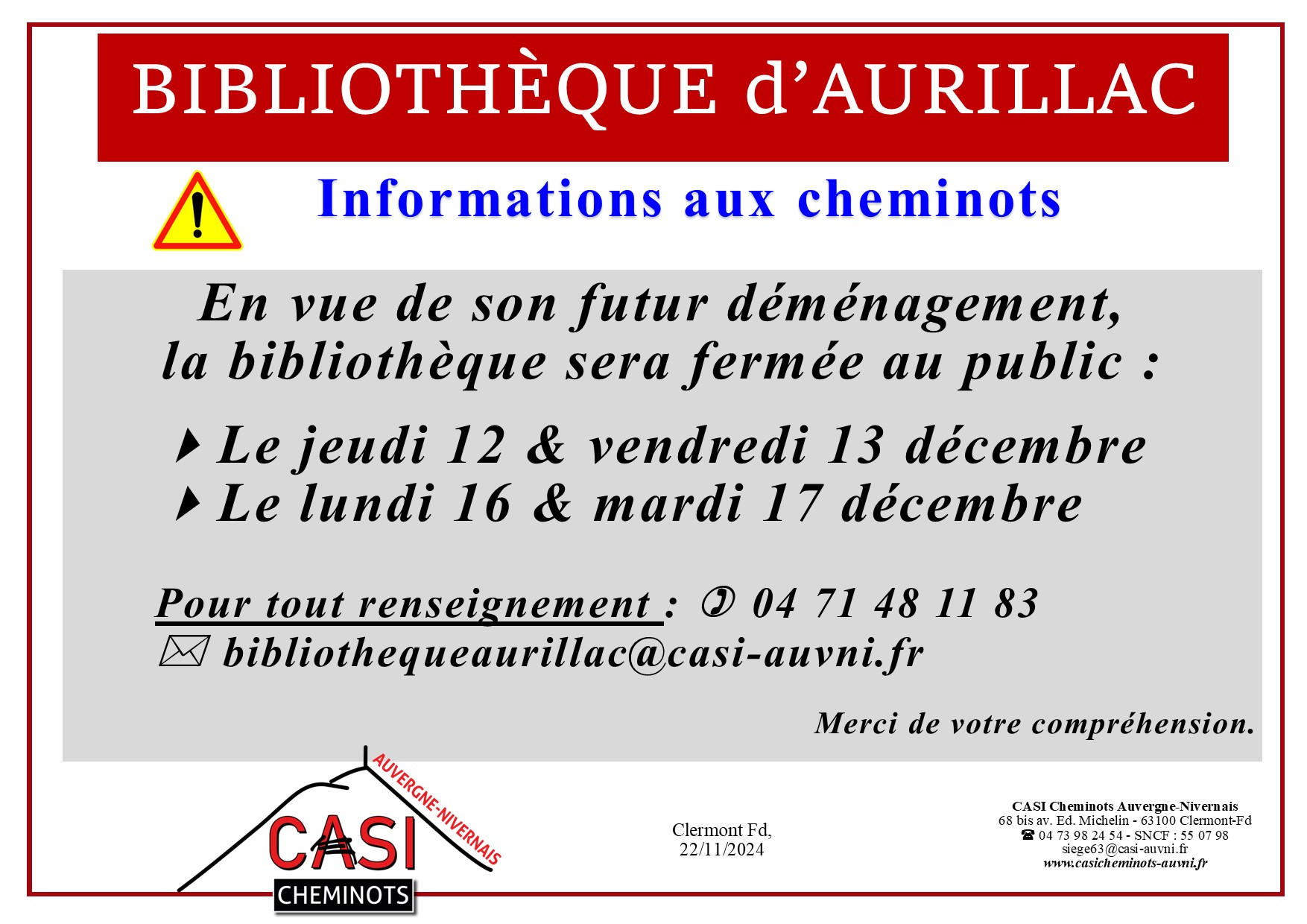 2024 Fermeture Bib Aurillac demenagement