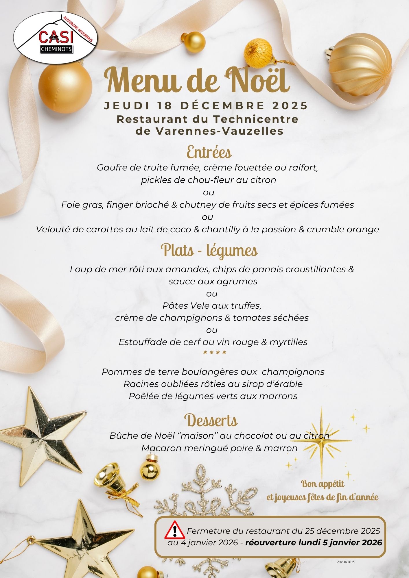 2025 Menu de Noel Resto Vauzelles