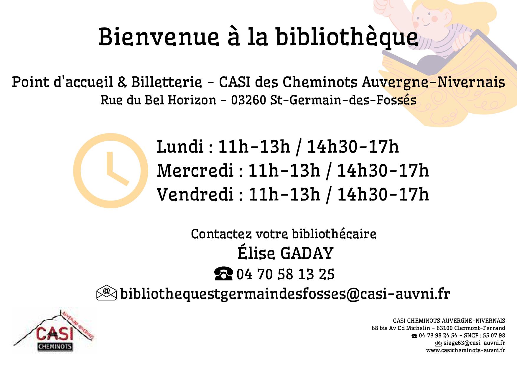 Affiche horaires bibliothèque St Germain des Fossés