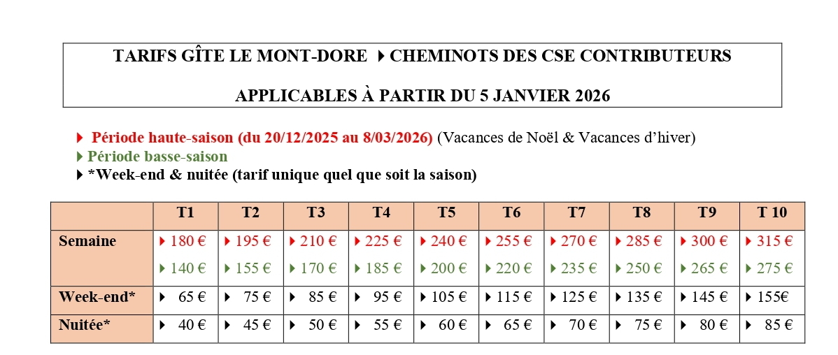 Tarifs Gite Le Mont Dore au 5 janvier 2026 CSE CONTRIBUTEURS page 0001
