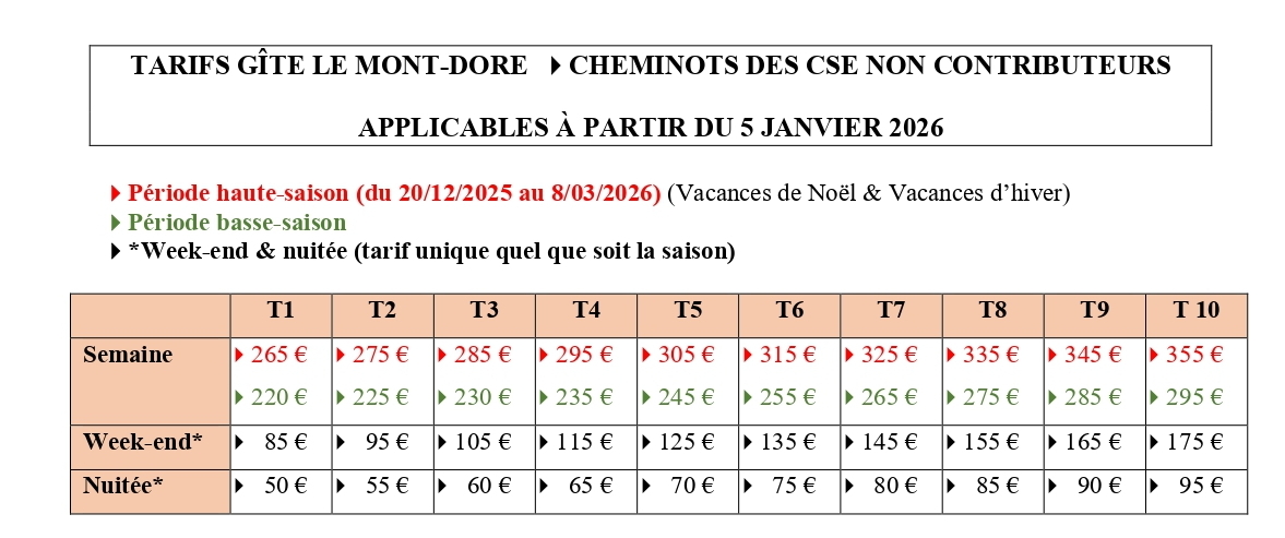 Tarifs Gite Le Mont Dore au 5 janvier 2026 CSE NON CONTRIBUTEURS page 0001